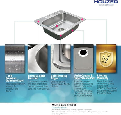 Houzer Glowtone 25 Inch Stainless Steel Topmount 4-Hole Single Bowl 8 Inch Deep Kitchen Sink - 2522-8BS4-1