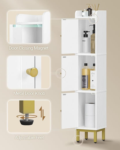 Hzuaneri Slim Bathroom Storage Cabinet, Narrow Bathroom Organizers and Storage with 4 Adjustable Feet, Laundry Room Organization for Small Space, Kitchen, Living Room, 3 Doors White BC22313G