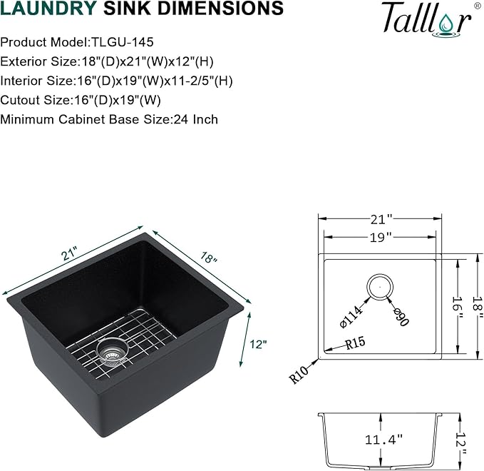 21"x18"x12" Undermount Laundry Sink - 12" Deep Granite Composite Laundry Room Sink, Matte Black Classic Quartz Under Counter Single Bowl Extra Deep Utility Sinks #TLGU-145