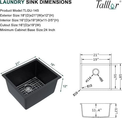 21"x18"x12" Undermount Laundry Sink - 12" Deep Granite Composite Laundry Room Sink, Matte Black Classic Quartz Under Counter Single Bowl Extra Deep Utility Sinks #TLGU-145