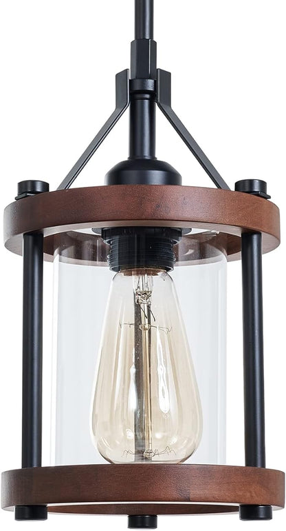 Farmhouse Pendant Light in Wood and Metal Cage, Rustic Brown Wood Pendant Light with Glass, Adjustable Hanging Light Fixtures, Mini Pendant Lighting for Kitchen Island, Hallway, Foyer, 1 Pack