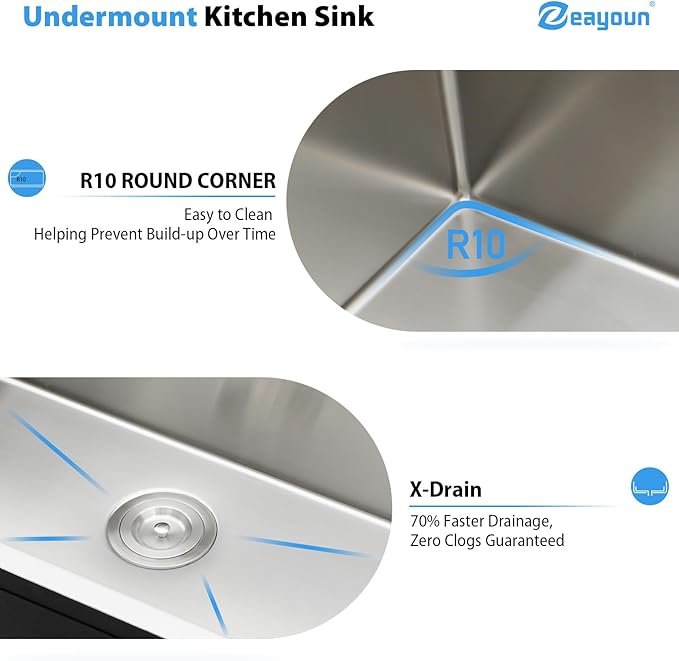 32 x 19 Inch Undermount Kitchen Sink Workstation 16 Gauge Stainless Steel Handmade Sink Round Corners Single Bowl Large Deep Under Counter Kitchen Sinks Basin, 32"x19"x9"
