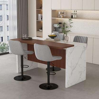 63 Inch Kitchen Island with 4 Deep Brown Bar Stools – White Marble Countertop, Integrated LED Lighting & Grille Design, Multi-Functional Breakfast Bar for Dining Rooms, (White+4grey)