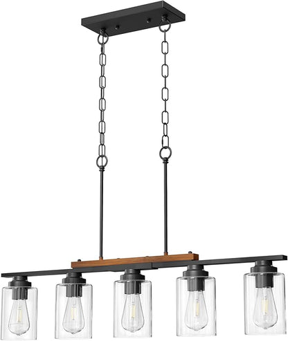 VONLUCE Dining Room Light Fixture Over Table, 5-Light Kitchen Island Lighting with Glass Shade and Adjustable Rods, Farmhouse Linear Chandelier Pendant Light for Kitchen Living Room, Matte Black