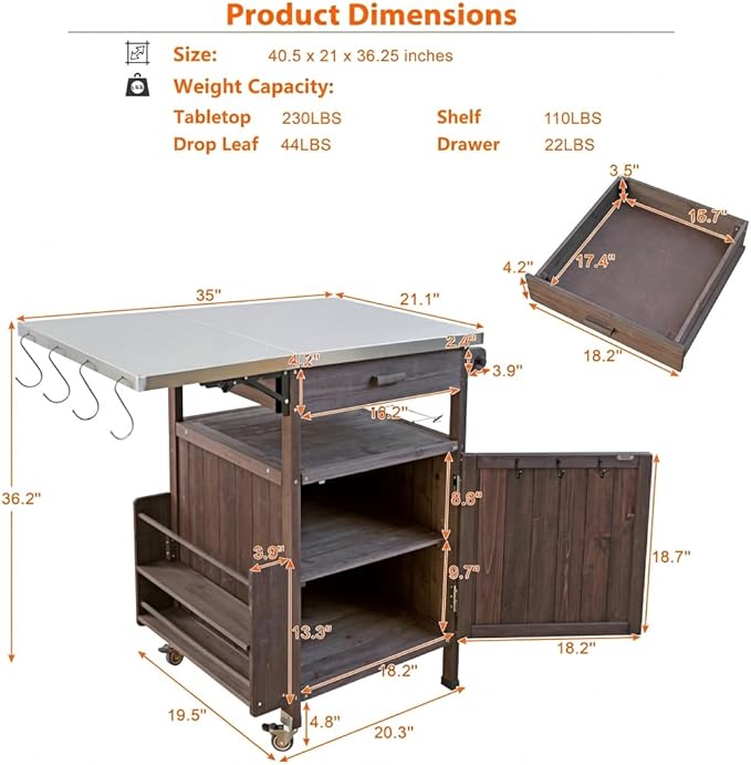 Casaphoria 40.5" Outdoor BBQ Grill Cart, tainless Steel Top Rolling Outdoor Kitchen Cart, Flip Board, Fir Wood Bar Carts with Towel Holder, Lockable Wheels for Patio Lawn Garden,Brown