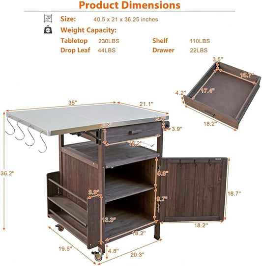 Casaphoria 40.5" Outdoor BBQ Grill Cart, tainless Steel Top Rolling Outdoor Kitchen Cart, Flip Board, Fir Wood Bar Carts with Towel Holder, Lockable Wheels for Patio Lawn Garden,Brown