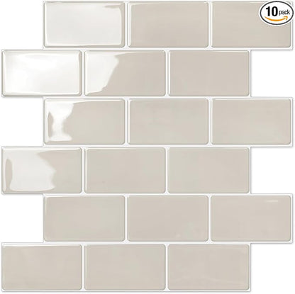 STICKGOO Peel and Stick Backsplash Subway Tiles, 10 Sheets of 12" x 12" - 3D Adhesive Peel and Stick Tile Backsplash for Kitchen, Bathroom, Wall Tile (Thicker Design, Light Gray Beige)