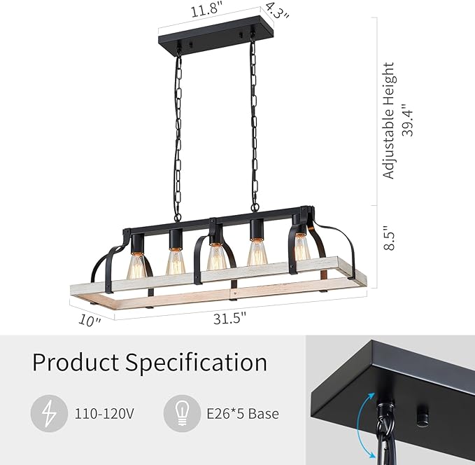 WUZUPS 5-Light Metal Chandelier Imitation Wood Grain Linear Pendant Ceiling Lighting Rustic Farmhouse Fixture Kitchen Island Dining Room, H 8.5" L 31.5" W10, E26 Base, Black & Antique White