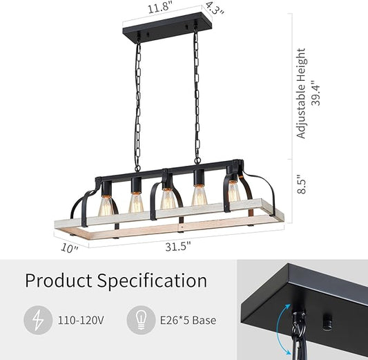 WUZUPS 5-Light Metal Chandelier Imitation Wood Grain Linear Pendant Ceiling Lighting Rustic Farmhouse Fixture Kitchen Island Dining Room, H 8.5" L 31.5" W10, E26 Base, Black & Antique White