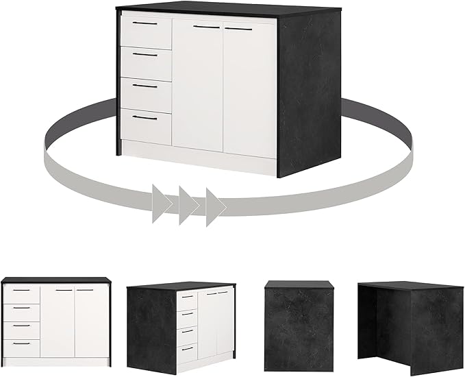 South Shore Myro Kitchen Island Faux Black Stone and White, Contemporary