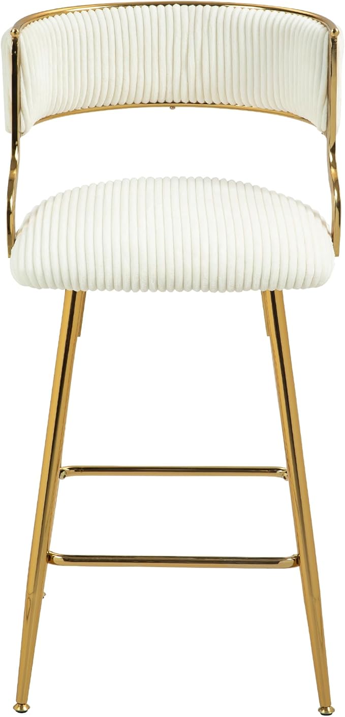 2-Pack Beige Corduroy Counter Height Bar Stools with Back, Golden Chrome Base and Footrest, Modern Kitchen Island Stools Set of 2, Upholstered Dining Stools for Home, Office, Cafe