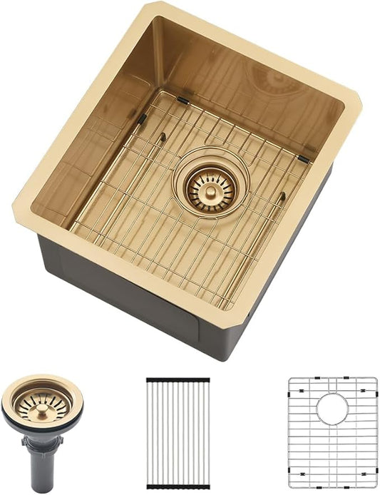 13 Inch Gold Bar Sink Undermount-VASOYO 13x15 Inch Undermount Bar Sink Gold Small Rv Kitchen Sinks Outdoor Island Sinks 16 Gauge Stainless Steel Single Bowl Basin with Bottom Grid