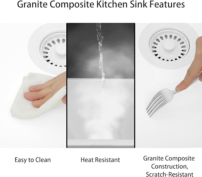 White Kitchen Sink, White Granite Composite Kitchen Sinks with Accessories, 30 Inch Undermount Quartz Stone Kitchen Sink, 30" x 19" x 9" Large and Deep Single Bowl Kitchen Sinks