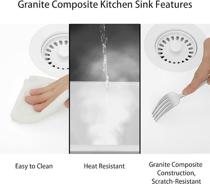 White Kitchen Sink, White Granite Composite Kitchen Sinks with Accessories, 30 Inch Undermount Quartz Stone Kitchen Sink, 30" x 19" x 9" Large and Deep Single Bowl Kitchen Sinks