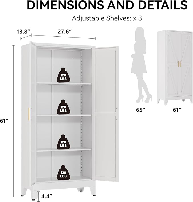 COFaR 61" Metal Pantry Cabinet with Adjustable Shelves, White Storage Cabinet with Doors and Shelves, Sturdy Freestanding Cupboard for Kitchen Pantry, Bathroom Storage, Living Room & Office