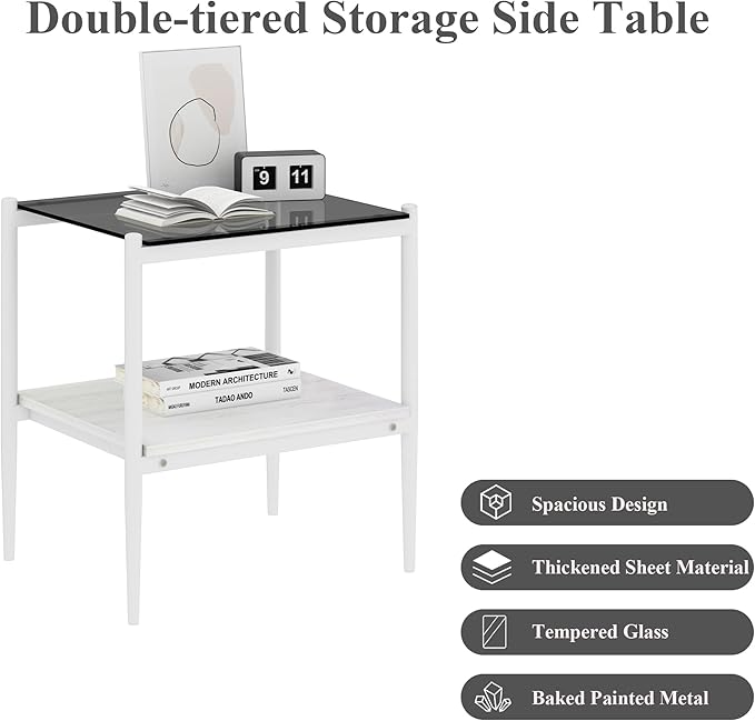 Set of 2 Glass End Table, 2-Layer Glass Living Room Table, Modern Tea Table Side Tables for Home Office Furniture