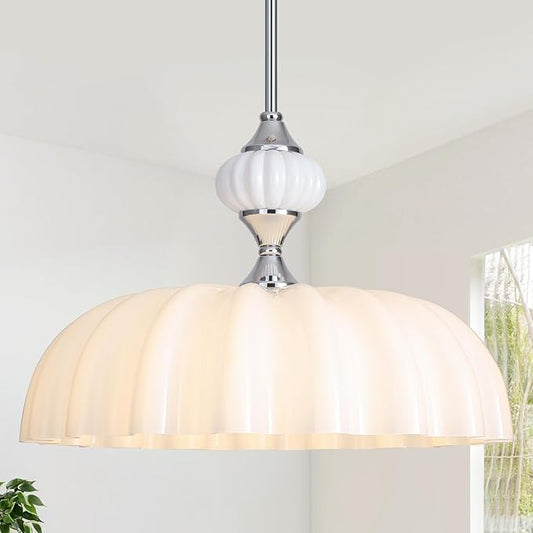 15.7 Inch Vintage Flower Brushed Nickel Chandelier, Adjustable Height Pendant Light with White Milk Glass Shades, Farmhouse Ceiling Light Fixture for Kitchen Island, Dining Room, Bedroom