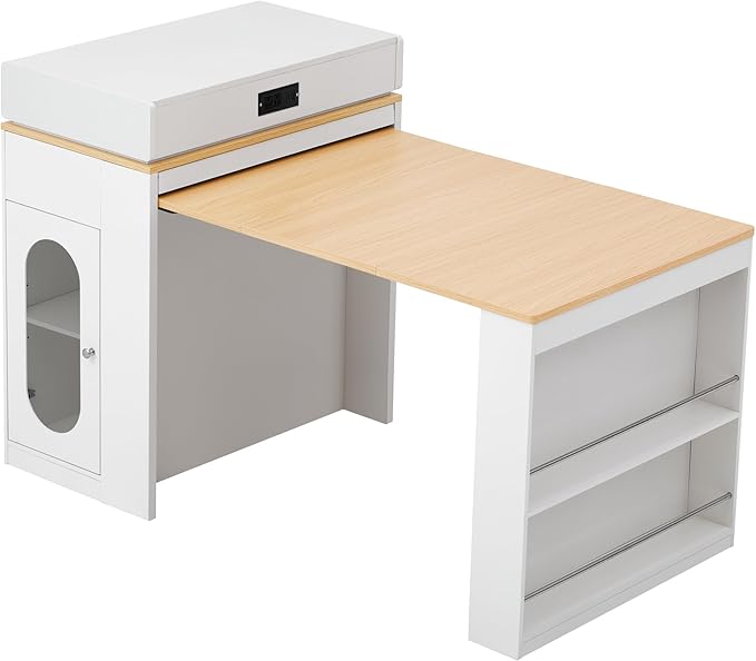 Extendable Dining Table with Folding Tabletop, 57.7" Kitchen Storage Island Bar Table with Wheels & Hooks, 2 Drawers and Power Outlet, Modern Sideboard with Adjustable Shelves & Open Shelves