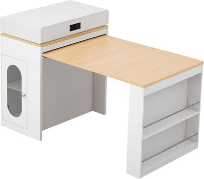 Extendable Dining Table with Folding Tabletop, 57.7" Kitchen Storage Island Bar Table with Wheels & Hooks, 2 Drawers and Power Outlet, Modern Sideboard with Adjustable Shelves & Open Shelves