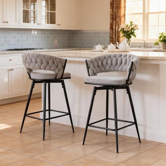 Set of 2 Swivel Bar Stools with Breathable Linen Cushions Light Gray Seat Black Iron Frame, Counter Height Stools for Kitchen Island, Dining or Pub