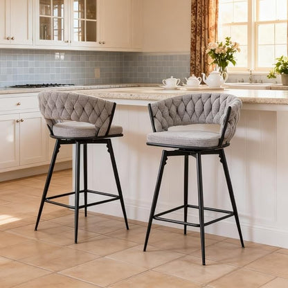 Set of 2 Swivel Bar Stools with Breathable Linen Cushions Light Gray Seat Black Iron Frame, Counter Height Stools for Kitchen Island, Dining or Pub