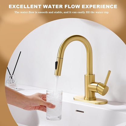 Bathroom Sink Faucet with Pull Down Sprayer,Single Handle Pull Out Faucet with Pop-Up Drain, 1 or 3 Hole Laundry Bar Basin Brushed Gold Faucet with Deck Plate