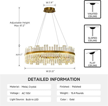 Gold Led Modern Crystal Chandelier: 31.5" Round Contemporary 3 Color Dimmable Large Dining Room Light Fixture over Table - Adjustable luxury Lighting for Bedroom Living Kitchen Island Entryway Foyer
