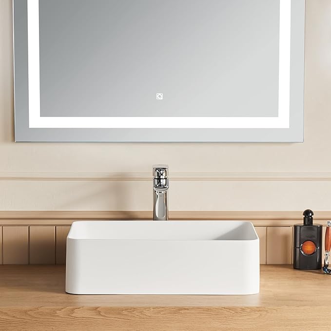 Cpingao Rectangular Vessel Sink, 24" X 16" White Stone Resin Modern Above Counter Bathroom Vanity Vessel Sink