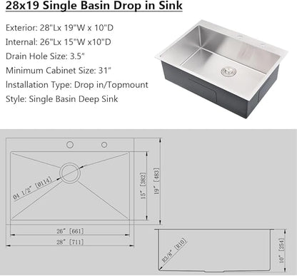 28 Inch Drop in Kitchen Sink, 28" x 19" 16 Gauge Stainless Steel Deep Kitchen Sink Single Bowl Basin with Drain Strainer