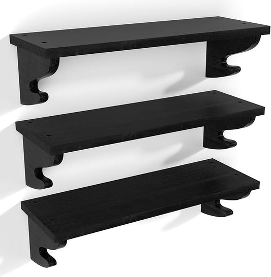 Alsonerbay Black Floating Shelves for Wall 3 Pack, 17 inch Solid Wood Shelves Wall Mount with Hook, Decorative Hanging Shelves for Bedroom Living Room Nursery Office and More