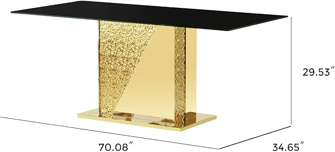 Modern Rectangular Glass Dining Table for 6-8,Elegant Dining Room Tables with Gold Mirrored Stainless Steel Base,70'' Kitchen Table with Black Glass top,for Kitchen Room/Office(Only Table)
