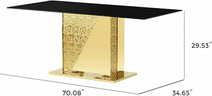 Modern Rectangular Glass Dining Table for 6-8,Elegant Dining Room Tables with Gold Mirrored Stainless Steel Base,70'' Kitchen Table with Black Glass top,for Kitchen Room/Office(Only Table)