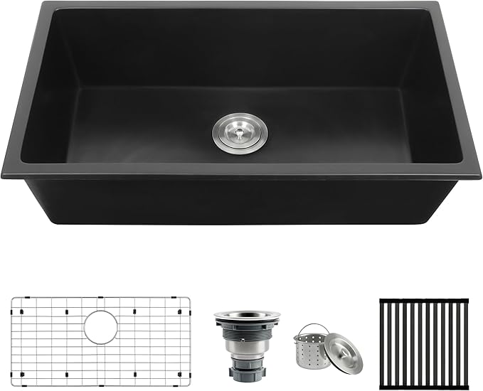 MILOSEN Black Kitchen Sink 28×18×9 Inch, Undermount/Drop In Granite Composite Quartz Single Bowl Sink, Large Deep Kitchen Sink with Custom Accessories