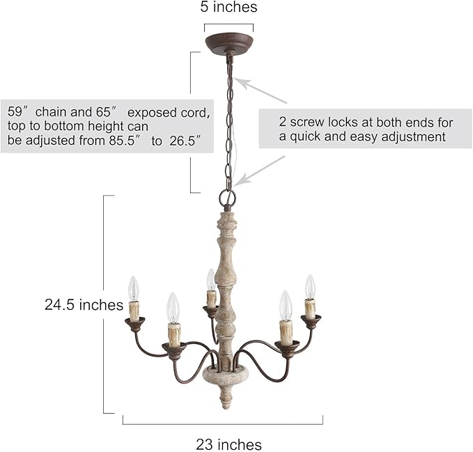 LALUZ 5-Light Farmhouse French Country Chandelier, 23'' Rustic Distressed Wood Chandeliers Light Fixture for Dining Room, Living Room, Bedroom, Foyer