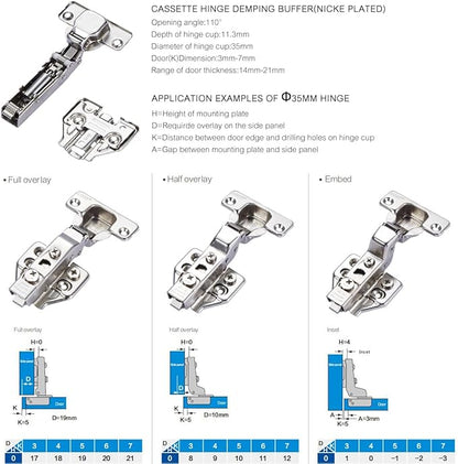 XIEHE Hardware 110 Degree Clip-on Soft Closing Full Overlay Frameless Hinges 2 Pack, for Kitchen Cabinets Door Brushed Nickel 3D Flush Mount European Hinge with Screws