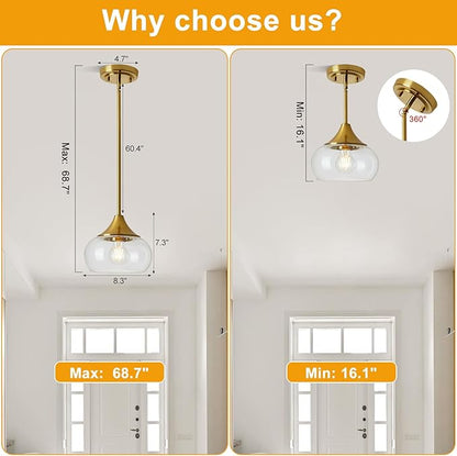 Modern Pendant Lights for Kitchen Island, Gold Pendant Light Fixtures with 8.5" Clear Glass Shade, Industrial Hanging Pendant Lights Fixture for Kitchen Island Dining Room Bedroom Entryway 1 Pack