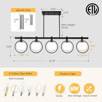 WJShome Dining Room Light Fixture/Chandelier Over Table, 5-Light Modern Kitchen Island Lighting Hanging for Farmhouse Linear Chandeliers Matte Black Ceiling Pendant Light Fixtures with Glass Shade