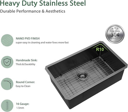 Black Undermount Kitchen Sink 28 Inch - Couoko Gunmetal Black Single Bowl Undermount Sinks 16 Gauge T304 Stainless Steel Large Deep NANO PVD Handmade Round Corner Kitchen Sinks 28"x18"x9"