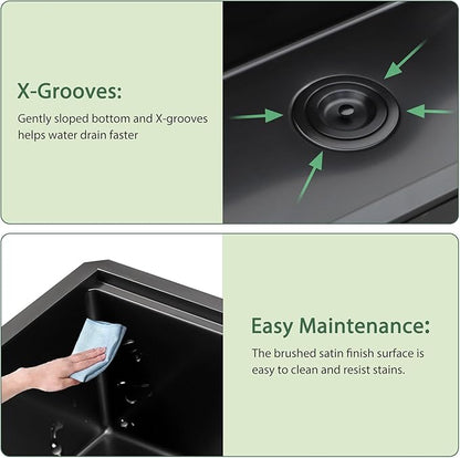 33 Inch Black Undermount Kitchen Sink Workstation- Couoko Matte Black 16 Gauge T304 Stainless Steel Single Bowl Undermount Sinks NANO PVD Large Deep Handmade Round Corner Sinks Basin, 33"x19"x9"
