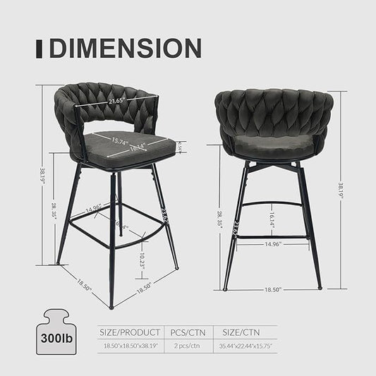 28" Technical Leather Woven Bar Stool Set of 2,Black Legs Barstools No Adjustable Kitchen Island Chairs,360 Swivel Bar Stools,for Living Room