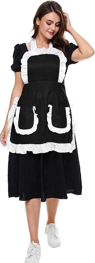 Women's Ruffles Outline Retro Pockets Apron Kitchen Cooking Cleaning Maid Costume (Black)