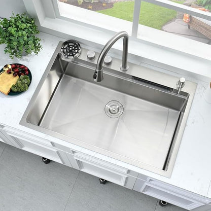 33 Inch Drop In Waterfall Kitchen Sink with Faucet Combo-Bokaiya 33x19 Drop In Sink with Cup Washer 16 Guage 10 Inch Deep Multifunctional Single Bowl Kitchen Sink Set