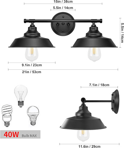 GoYeel Bathroom Light Fixtures 2 Light - 21" Matte Black Vanity Lights for Mirror Rustic Industrial Bathroom Wall Light Fixtures, E26 Bubes