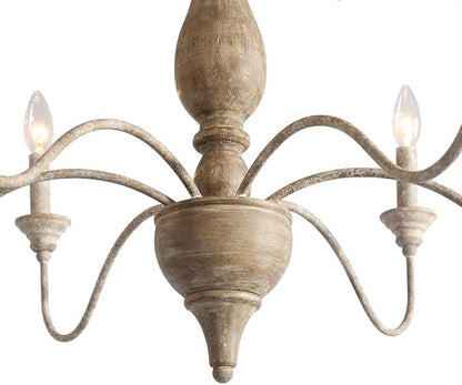 6-Light French Country Chandelier, Handmade Real Wood Farmhouse Chandelier, Distressed Finish Light Fixture for Dining Room, Living Room, Bedroom, Kitchen, Stairway, Kitchen