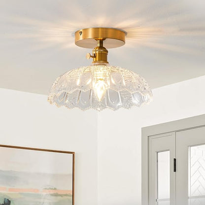 Semi Flush Mount Ceiling Light, Gold Vintage Hallway Light Fixture with Clear Water Lily Glass Lampshade Brass Modern Ceiling Light Fixtures for Porch Kitchen Bedroom Hallway