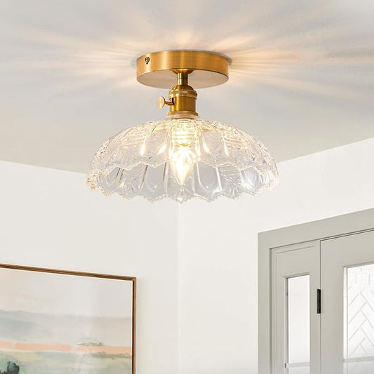 Semi Flush Mount Ceiling Light, Gold Vintage Hallway Light Fixture with Clear Water Lily Glass Lampshade Brass Modern Ceiling Light Fixtures for Porch Kitchen Bedroom Hallway