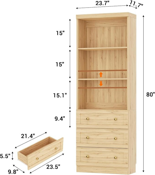 Cyclysio 80" Kitchen Pantry Cabinet with 3 Drawers, Tall Storage Cabinet Wood Food Pantry with Thickened Top Panel and Adjustable Shelves, Versatile Cupboard for Kitchen, Dining Room (2, Natural)