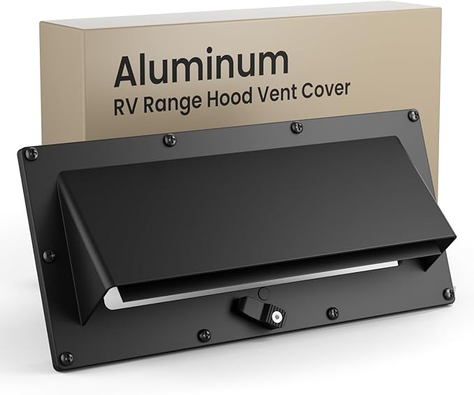 Safoner RV Accessories Exterior- Metal Exhaust Vent Cover with Adjustable Depth, Includes Butyl Tape, Aluminum Stove Hood Replacement for Motorhomes, and Campers- Black