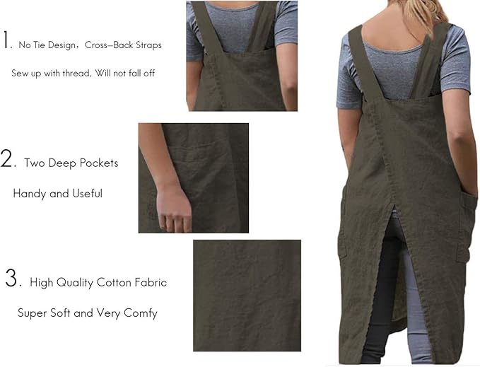 Larmliss Women's Pinafore Square Apron Baking Cooking Gardening Works Cross Back Cotton/Linen Blend Dress with 2 Pockets