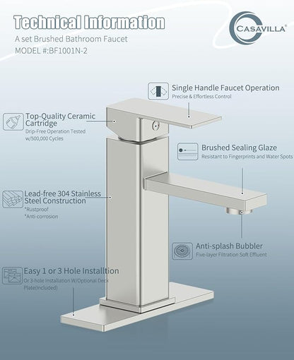 Bathroom Faucet-2 Sets, Brushed Bathroom Sink Faucets with Pop-up Drain and 6 Inch Deck Plate, Single Handle Modern Farmhouse RV Vanity Faucet for Vessel Sink (1~3 Holes)